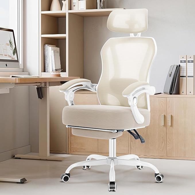 Ergonomic Office Chair with Footrest,Ultra Thick Reclining Desk Chair with Adjustable 2D Lumbar Support and Headrest,Spring Cushion,High Back Premium Mesh Computer Chair,Cream