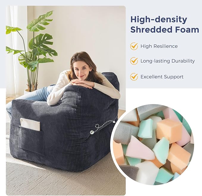MAXYOYO Bean Bag Chair, Tufted Bean Bag Couch Lazy Chair, Living Room Sofa Couch with Filler for Adult Teens Kids, Corded Fabric Accent Sofa for Bedroom Dorm, Dark Grey