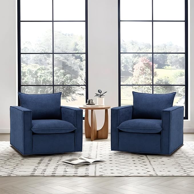 COLAMY Swivel Accent Chair Set of 2, 34 Inches Wide Upholstered Arm Chair with Plump Back Pillow, Modern Sofa Living Room Chair for Bedroom, Corner, Reading Nook-Blue