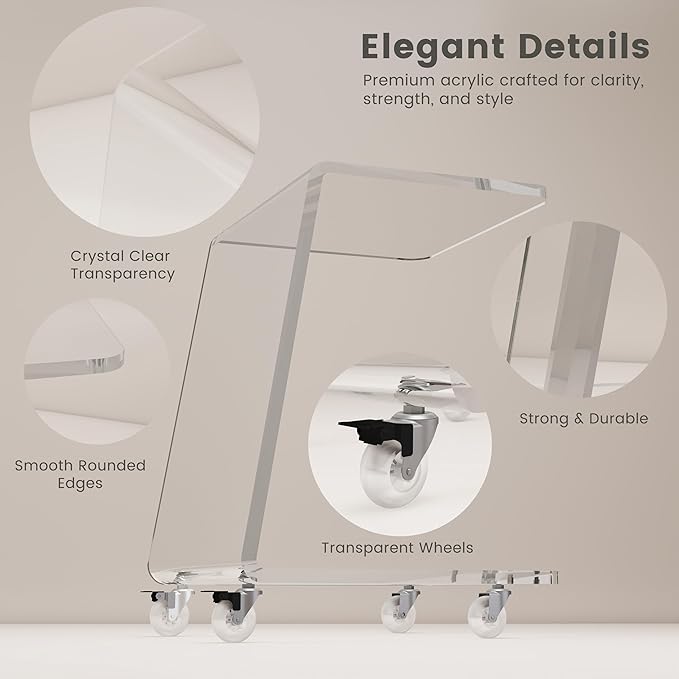 2-Pack Clear Acrylic C Shaped Side Table with Wheels, Modern End Tables for Sofa, Couch, and Bed – 15mm Thick Durable Acrylic Small Snack Laptop Tables for Living Room & Bedroom