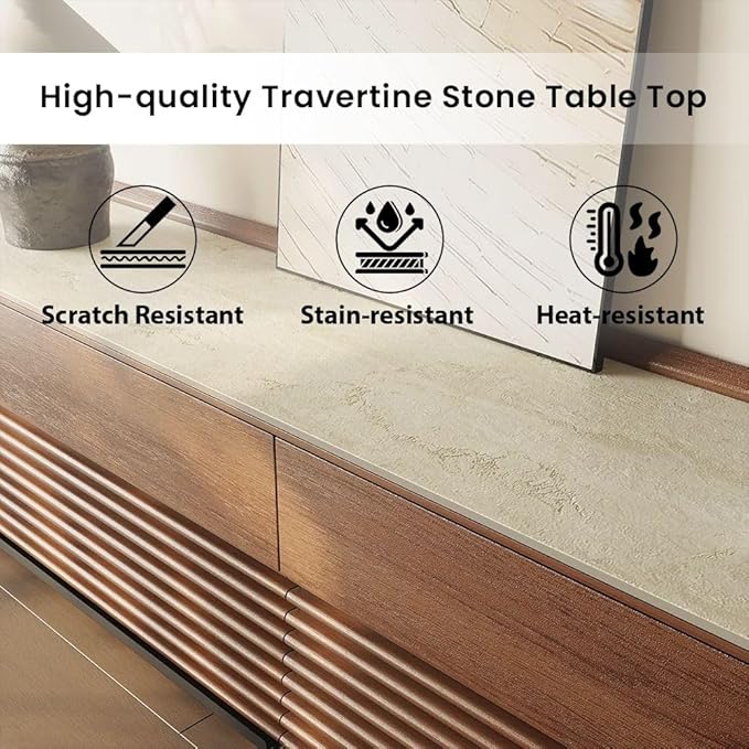 POVISON Fully-Assembled Mid Century Glossy Sintered Stone Tabletop TV Stand with Legs,Wood Media Console with Adjustable LED Light for 70.87" TVs,Entertainment Center with Storage for Living Room