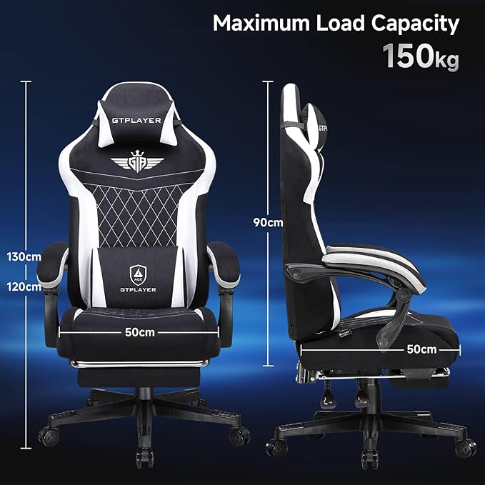 GTPLAYER Gaming Chair, Video Game Chairs with Footrest and Lumbar Support, Computer Chair for Adults with Extended Backrest, Ergonomic Reclining Silla Gamer, Fabric, Black