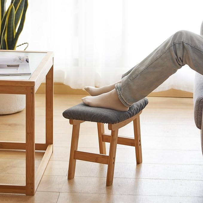 Foot Stool Ottoman Foot Rest Under Desk,Small Stool for Living Room, Bedroom and Kitchen (Natural Legs - Gray Stool Surface)