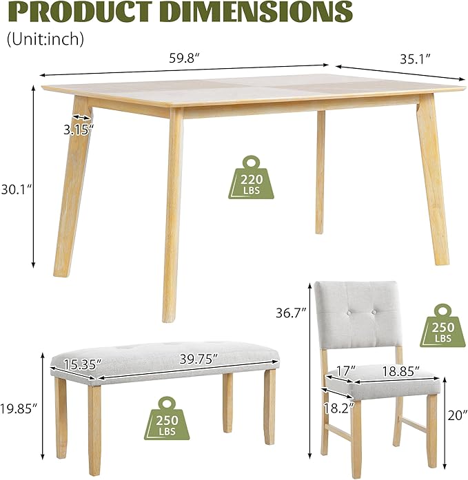Ball & Cast 6 Piece Dining Room Table Set for 6,Rustic Farmhouse Dining Room Rectangular Table with Upholstered Chairs and Bench,Wood Dining Furniture for Kitchen,Natural Wood Wash