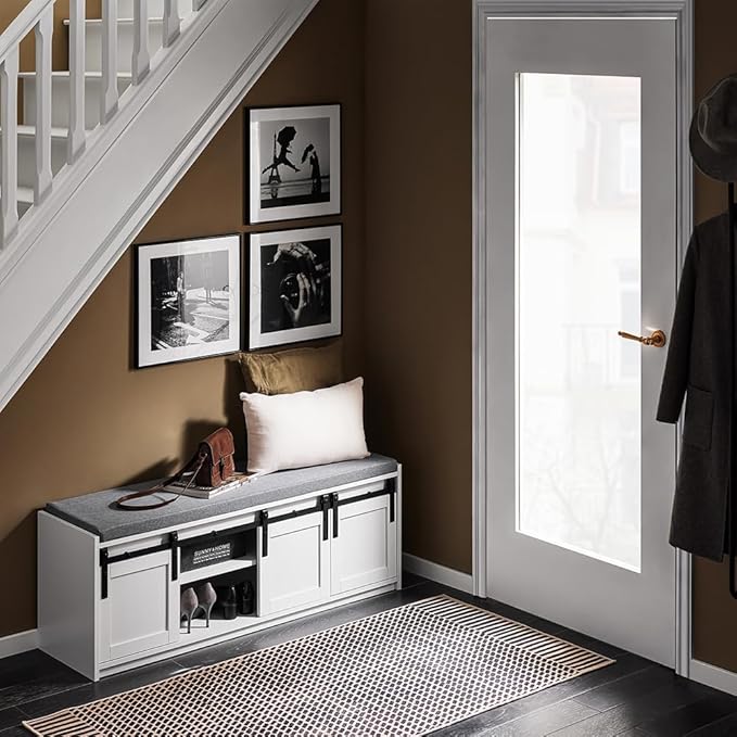 Haotian Industrial Style Shoe Storage Bench, Entryway Hallway Shoe Cabinet, Sliding Barn Doors, Drawer & Padded Seat Cushion, Rustic Window Bench for Mudroom (White) FSR198-W