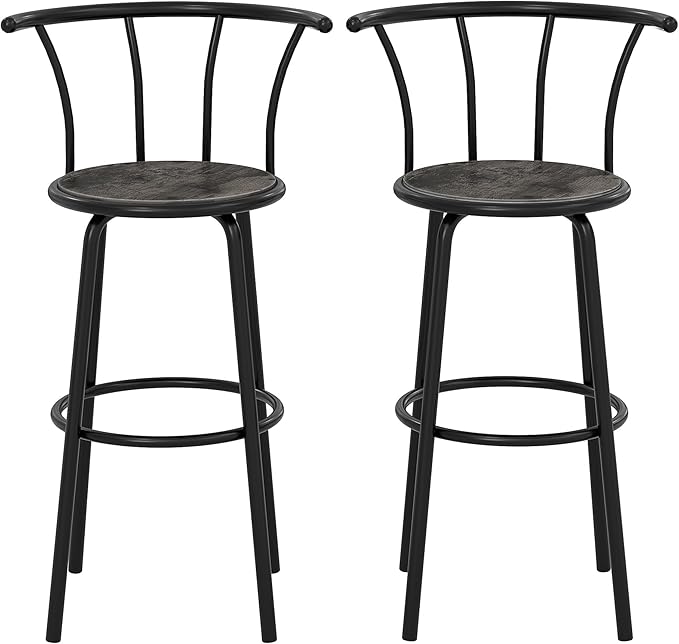 VECELO Bar Stools Set of 2, Swivel Counter Stools with Backrest, Bar Height Stools for Dining Room, Kitchen Island, Pub, Easy Assembly, Dark Grey
