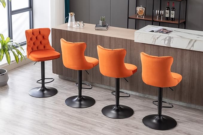PacknWood Acosure Swivel Velvet Barstools Adjusatble Seat Height from 25-33" with 17.7" Base and Backs Comfortable Tufted,Modern Upholstered Bar Chairs for Home Pub Kitchen,Orange,Set of 2