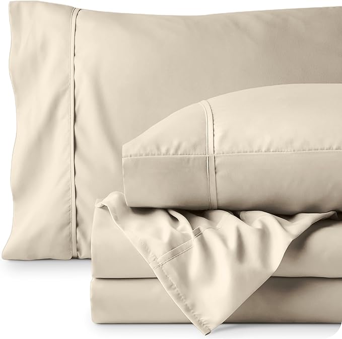 Bare Home Short Queen Sheet Set - 1800 Ultra-Soft Microfiber - Double Brushed - Deep Pockets - Easy Fit - 4 Piece Set - Bed Sheets (Short Queen, Sand)