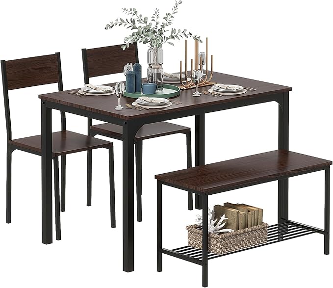 sogesfurniture Table Chairs Set of 4, Dining Table Set for 4 with Bench and Chairs, 4 Pieces Kitchen Table Set with Storage Rack & Metal Frame for Small Space,Elegant Brown