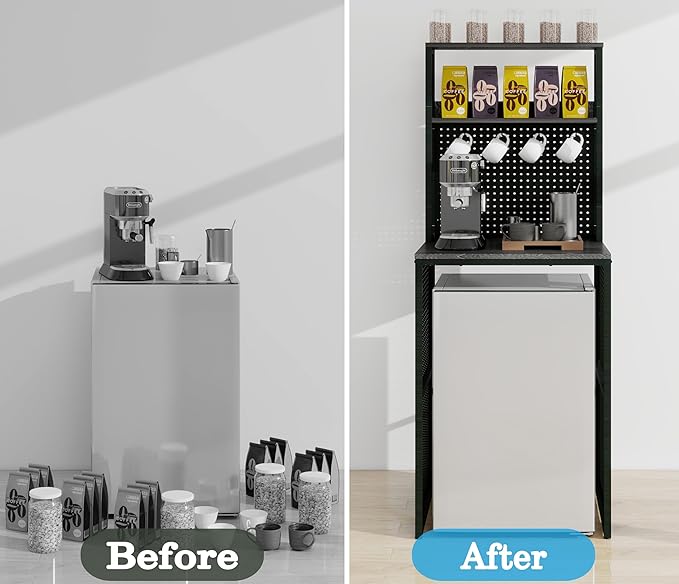 Mini Fridge Stand Shelf with Storage, Bakers Rack Coffee Bar Table Microwave Oven Stand with Mini Fridge Space for Home Kitchen Dorm, Slate Grey