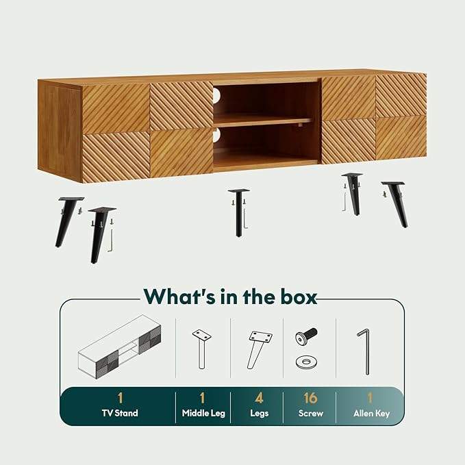 Bme Rhombus Wooden TV Stand with Storage Cabinets – Solid Acacia Wood, Geometric Rhombus Pattern Doors, Scandinavian Modern Entertainment Console with Metal Base