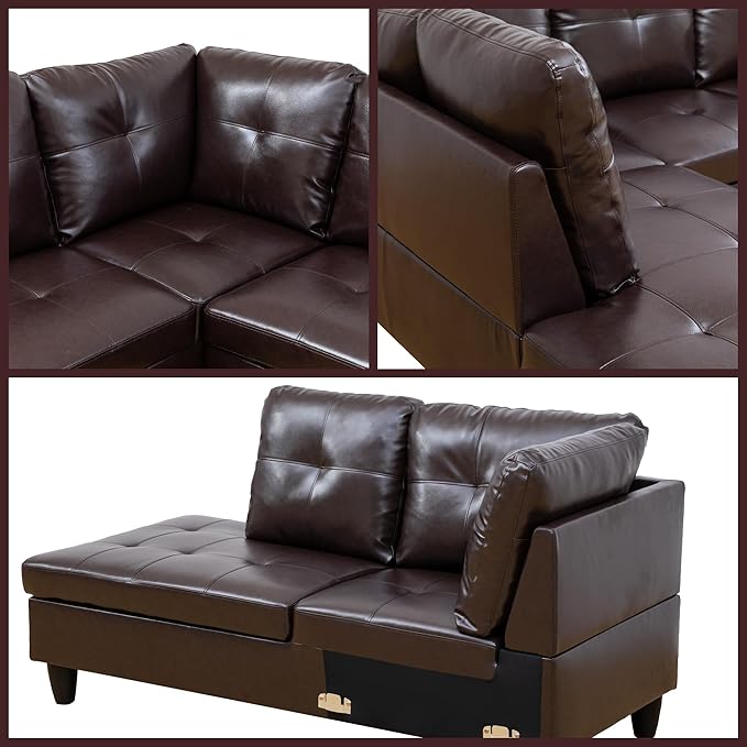 L Shaped Couch Sectional Couches with Chaise, 3 Pieces Modular Convertible Sofa for Living Room Furniture Sets and Small Apartment Faux Leathert, Brown