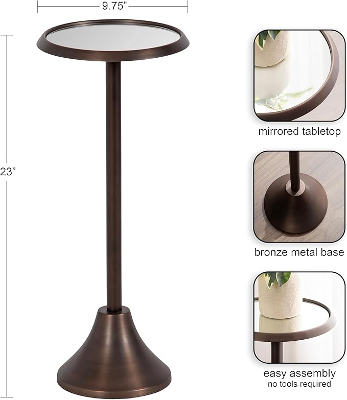 Kate and Laurel Sanzo Modern Pedestal Drink Table; 10 x 10 x 23; Antique Bronze; Decorative End Table with Mirrored Tabletop for Use as Small Plant Stand or Cute Martini Table