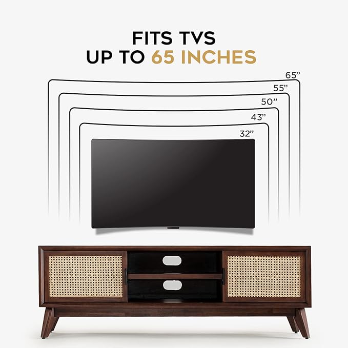Bme Jasper Deluxe TV Console Table, Pre-Assembled Entertainment Center for up to 70 inch TV, 10 Minutes Assembly Solid Wood TV Table, Mid Century Console Stand - Walnut