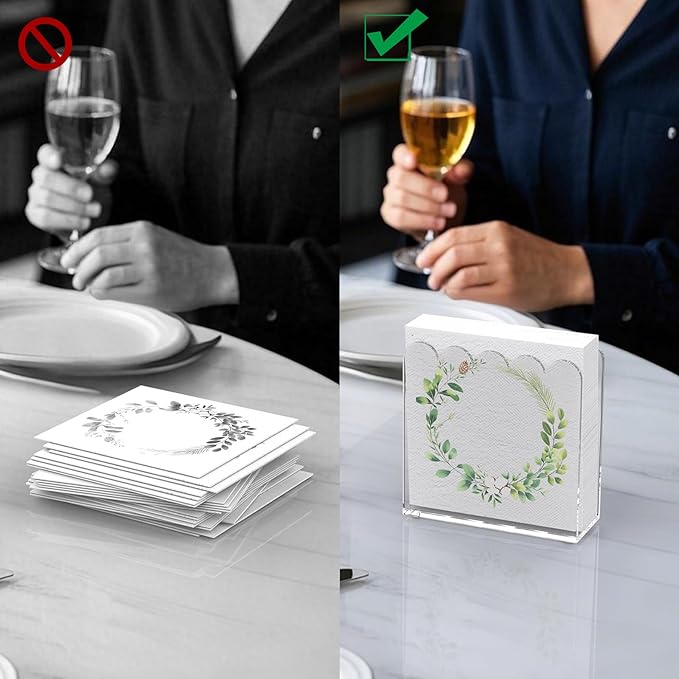 Acrylic Cocktail Napkin Holder, 2 Pack Clear Scalloped Napkin Dispenser for Table,Kitchen, Bar&Bathroom–Stylish Freestanding Napkin Holder for Restaurant, Dinner, Guest Towel Organization (5x5in)