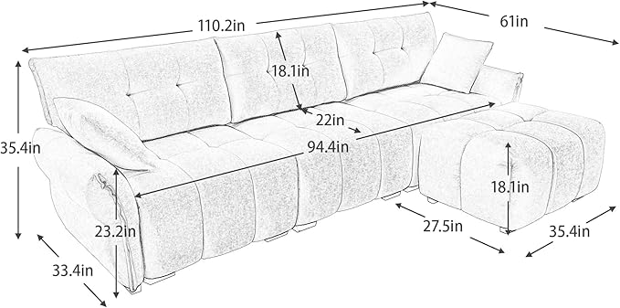 Modern Chenille Fabric 3-Seat Sofa w/Ottoman+2 Pillows, Premium Upholstery Living Room Couch with Tufted Backrest & Comfortable Armrests and High-Resilience Memory Foam Cushions,Green