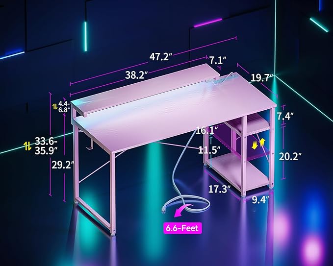 MOTPK 48 Inch Gaming Desk with Storage & Led Lights, Computer Desk with Power Outlet & Shelf, Reversible Gamer Desk with Adjustable Monitor Stand, Carbon Fiber Texture Pink