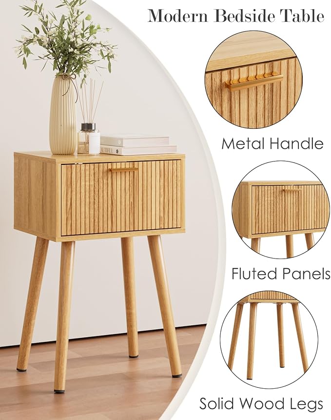 Night Stand Set 2, Oak Nightstand with Fluted Doors, Small Modern Mid-Century Bedside Table for Bedroom, End Table for Living Room
