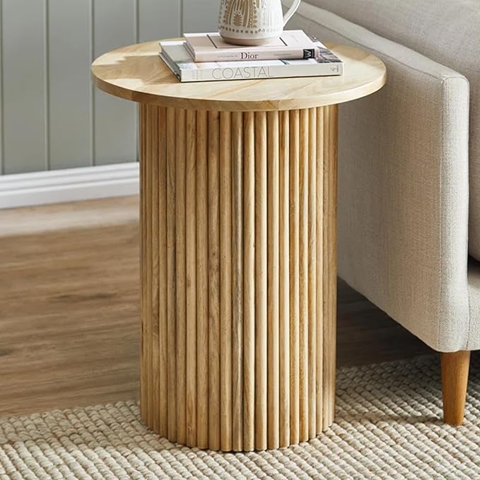 Solid Wood End Table Round 16.93" D, Wooden Accent Drum End Table, Unique Oak Pedestal Side Table, Fully Assembled, for The Living Room and Bedroom