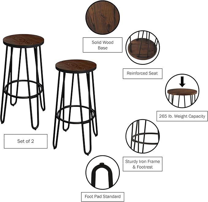 Set of 2 Bar Stools - 24-Inch-Tall Backless Barstools with Hairpin Legs and Wood Seat for Kitchen, Dining Room, or Bar by Lavish Home