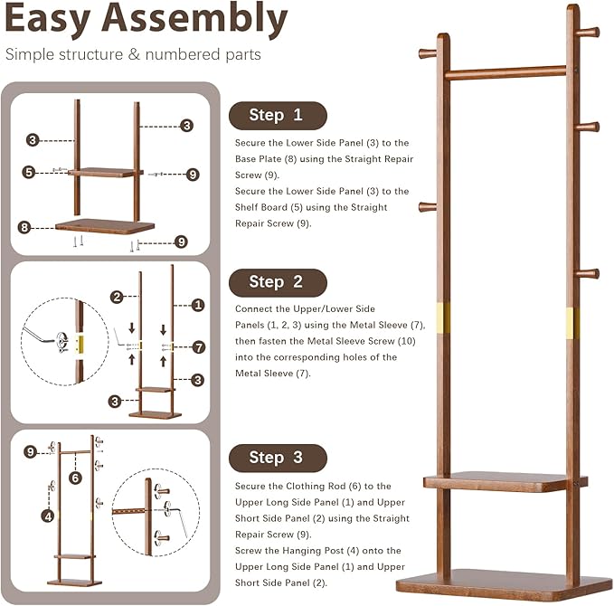 Solid Wood Coat Rack Clothes Rack, Coat Rack Freestanding with 2 Shelves and 5 Hooks, Heavy Duty Coat Tree for Entryway, Living room, Coat Hanger Stand for Hats, Bags Clothes(Walnut Brown)