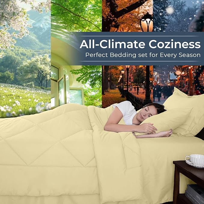 HEVUMYI Cream Yellow King Comforter Set - 7-Piece All Season Bed in a Bag King, Ultra Soft Bedding Set with Comforter, Flat Sheet, Fitted Sheet, Pillowcases, Pillow Shams