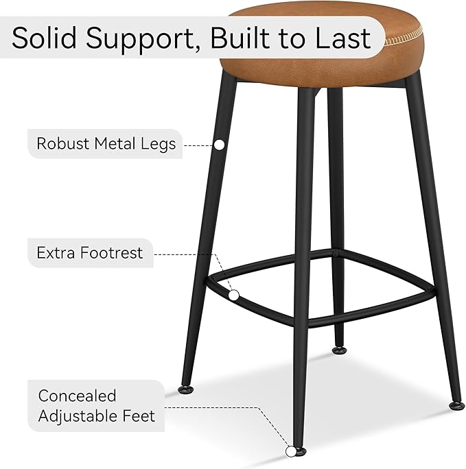 Counter Height Bar Stools, 26" H Backless Bar Stools Set of 8, Upholstered Faux Leather Kitchen Counter Stools, Mid Century Modern, Kitchen Island Home Bar, Pub, Caramel Brown