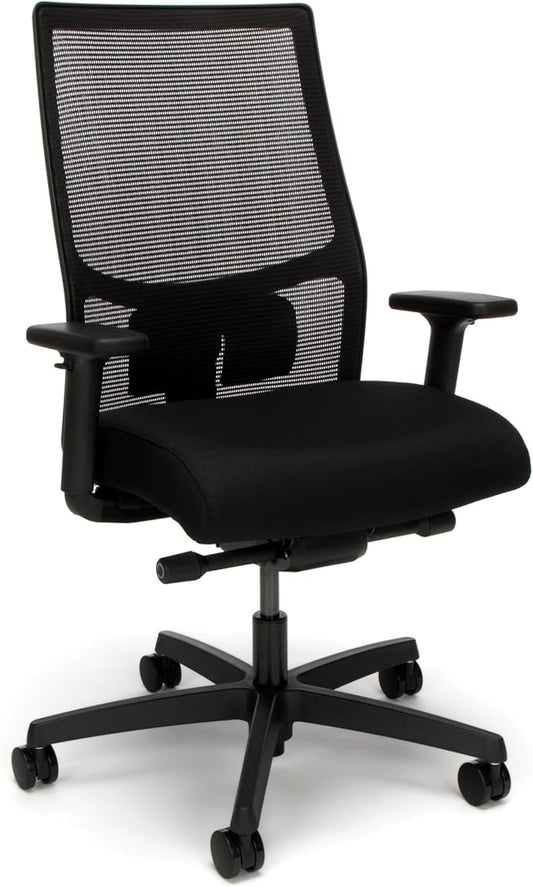 HON Ignition 2.0 Mid Back Task Chair, Advanced Synchro-Tilt Control, Office Chair with Lumbar Support, Height and Width Adjustable Arms, Black Frame, Black