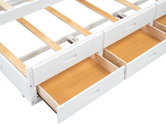 Full Size Pine Wood Platform Bed with Trundle,Drawers,2 Ports and 2 USB Plugs,Storage Bed with Pull Out Shelves,No Box Spring Needed,Perfect for Adults,Teens Bedroom Furniture,White