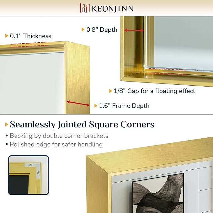 Keonjinn Brushed Shiny Gold Bathroom Mirror 22 x 30 Inch, Rectangle Gold Vanity Mirror for Wall, Aluminum Alloy Metal Framed, Modern Farmhouse, Square Corner, Brass Mirrors for Over Sink
