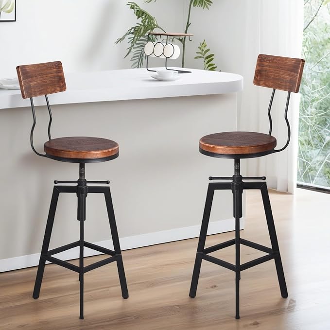 Industrial Bar Stools with Wood Backrest 25-32inch Height Adjustable Kitchen Island Dining Chair Extra Guest Stool Swivel Wooden Seat(Set of 2)