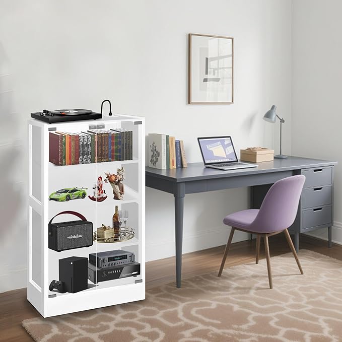 4-Tier Media Cabinet with LED Lighting, Audio/Video Stand Featuring Built-in USB Ports and Electrical Outlets, Designed for Living Rooms and Gaming Spaces, Glass Doors