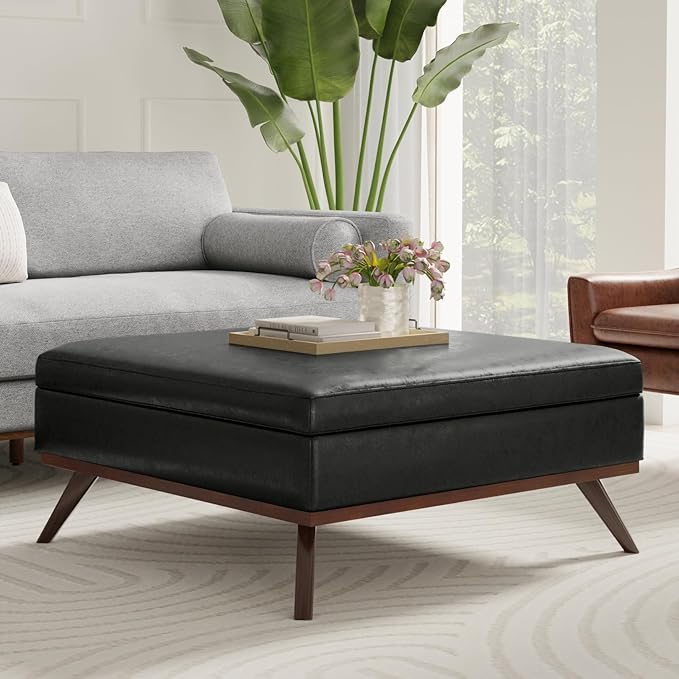 SIMPLIHOME Owen 40 inch Wide Mid Century Modern Square XL Coffee Table Storage Ottoman in Distressed Black Vegan Faux Leather, Assembled, for The Living Room, Entryway and Family Room
