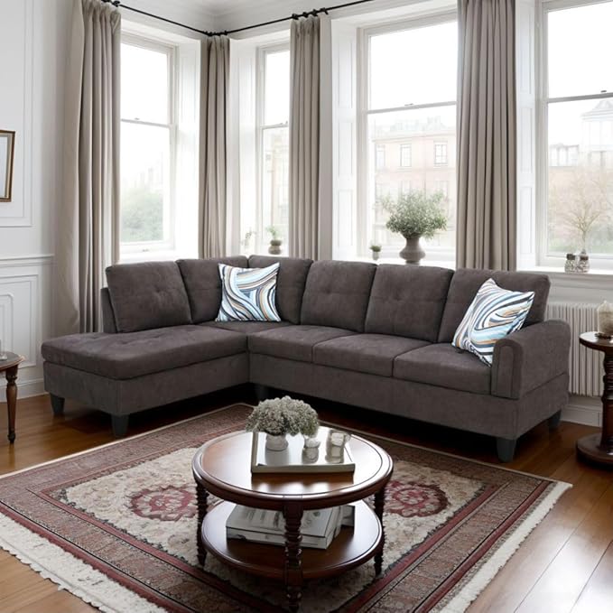 Dark Brown L-Shaped 3-Piece Flannel Sofa with Storage Ottoman Set, Sectional Couch Sofa Set for Living Room, Office, Small Space