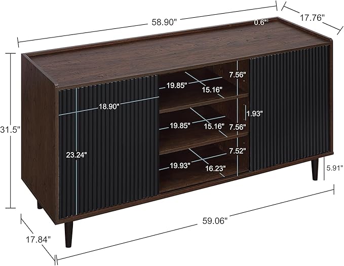 Manhattan Comfort Duane 59-Inch Ribbed Mid Century Modern Sideboard, Versatile Dining & Living Room Buffet Table with 3 Adjustable Center Shelves & 2 Side Cabinets, Set of 3, Black