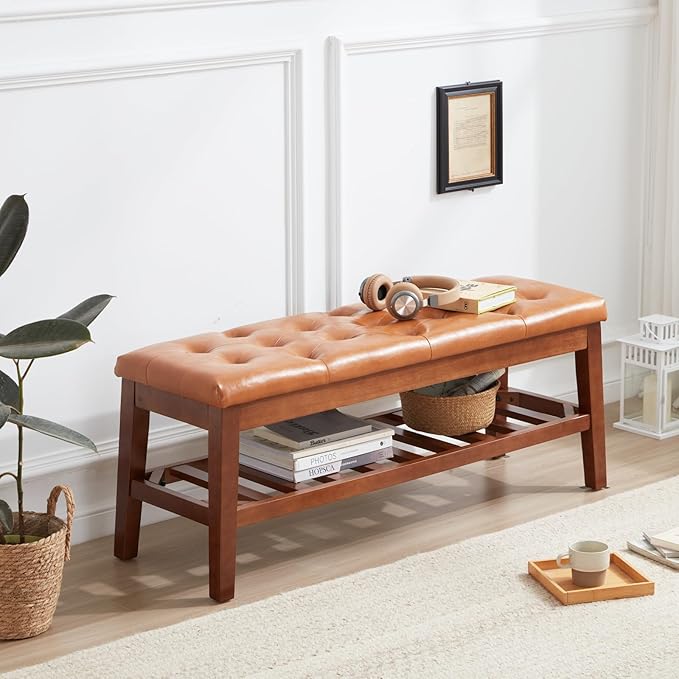 Upholstered Shoe Bench Entryway Bench for Bedroom, End of Bed, Ottoman Bench Tufted Padded Seat with Solid Wood Shelf for Living Room, Faux Leather Cognac Brown