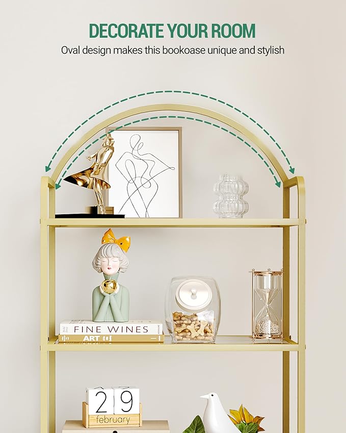 Bookcase Bookshelf, Tempered Glass Bookshelves, Slim Shelving Unit for Bedroom, Bathroom, Home Office, Steel Frame, 5 Tier Gold BC21599G