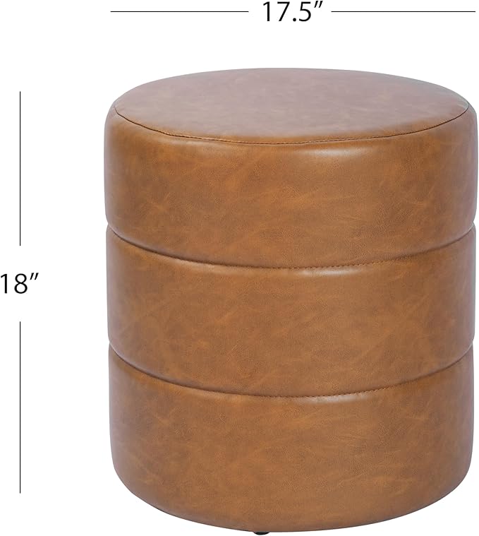 HomePop Upholstered Faux Leather Round Ottoman (No Lid, Seat Only) Home Décor | Round Pouf Foot Rest – Camel Brown Faux Leather