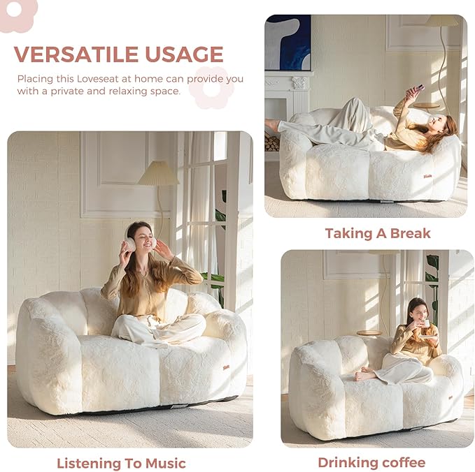MAXYOYO Bean Bag Chair for Adults, Loveseat Floral Shaped Bean Bag Sofa, Ultra Soft Love Seat Mini Sofa Couch, Faux Fur Reading Chair for Living Room Bedroom, Beige