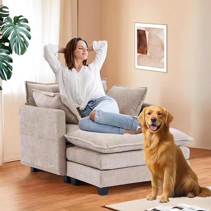 Furniliving Oversized Accent Chairs with Ottoman, Luxury Chenille Single Sofa, Upholstered Deep Seat Chaise Lounge with Pillows for Living Room, Bedroom, Apartment, Camel