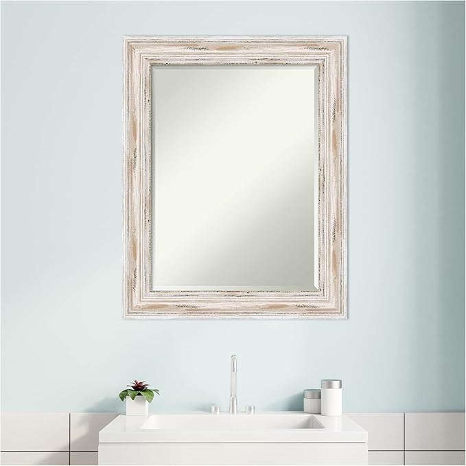 Amanti Art White Bathroom Mirror for Over Sink, 29x23 Alexandria White Wash Rectangle Vanity Mirror, Medium Coastal Wood Frame, Hangs Horizonally and Vertically, Bathroom Wall Decor, Beveled Edge