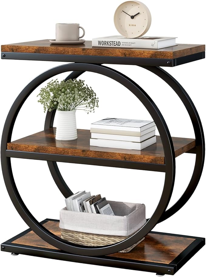 IBUYKE Narrow End Table with 3 Storage Shelves, Industrial Sofa Side Table, Double Round Metal Frames, Slim Nightstand and Bedside Table for Bedroom, Living Room, Rustic Brown UTMJ418H