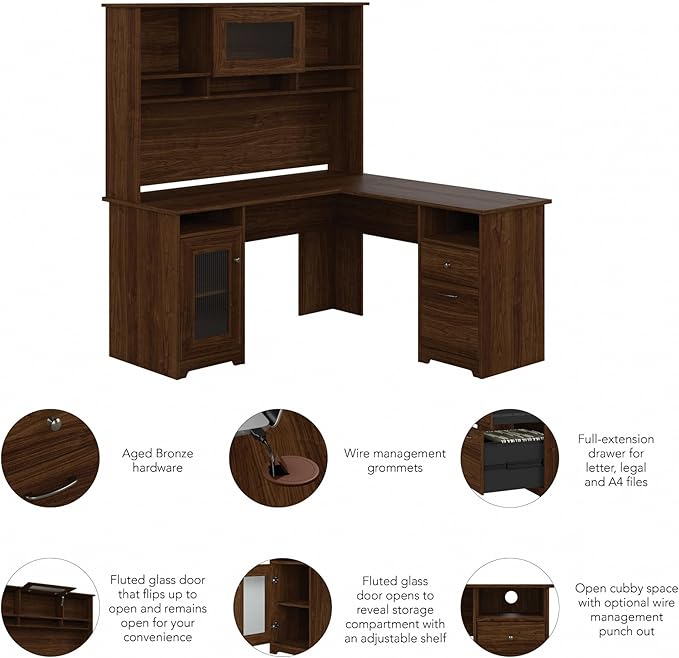 Bush Furniture Cabot L Shaped Desk with Hutch | Corner Desk with Storage for Home Office in Modern Walnut | 60W L Shaped Computer Desk