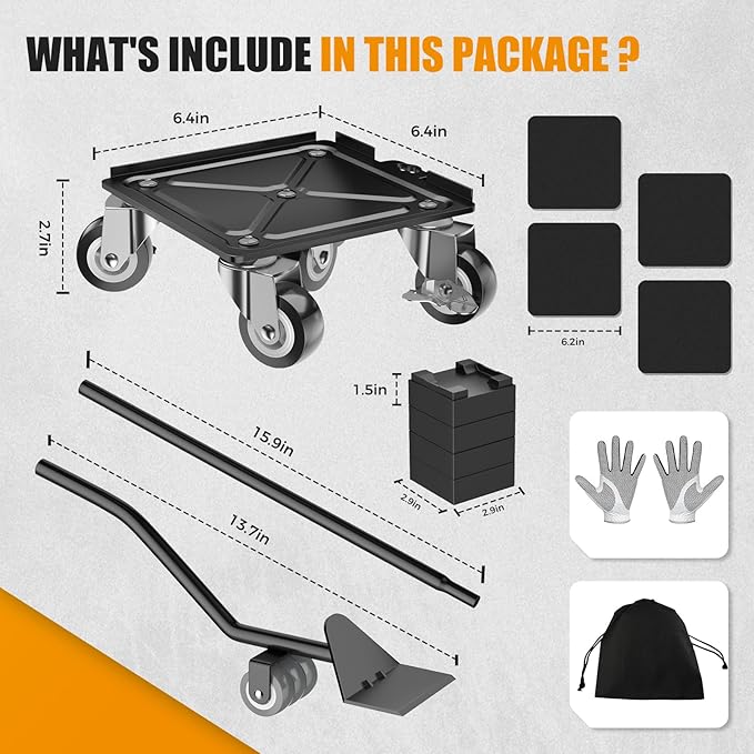 2000LBS Heavy Duty Furniture Dolly & Mover - 6.4" Carbon Steel Panel with 5X 360° Wheels, Non-Slip Sliders & Lifter for Sofa, Piano, Appliances (Black)