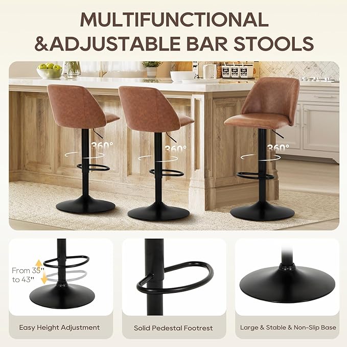COLAMY Bar Stools Set of 4, Modern Swivel Bar Chairs, Adjustable PU Leather Upholstered Barstools Counter Height with Full Backrest for Bar, Dining Room, Kitchen Island, Brown