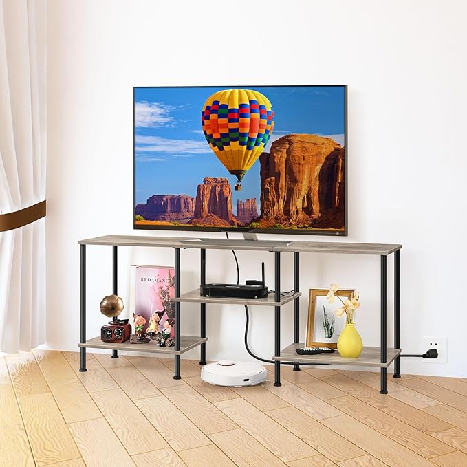 BTY Farmhouse TV Stand with Storage Industrial TV Console with Power Outlet, 45 Inch Wooden TV Entertainment Cente for Living Room, Bedroom, Small Space, Grey
