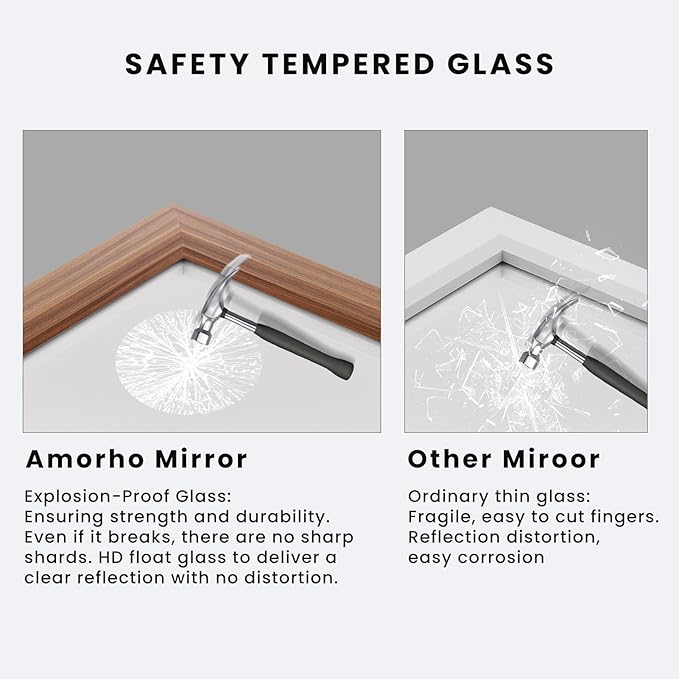Amorho Bathroom Mirror, 20X30 Inch Wall Mirror, Walnut Wood Grain Metal Framed, Anti-Rust, Hang Horizontally/Vertically, Suitable for Bedroom, Farmhouse, Bathroom, Decorative