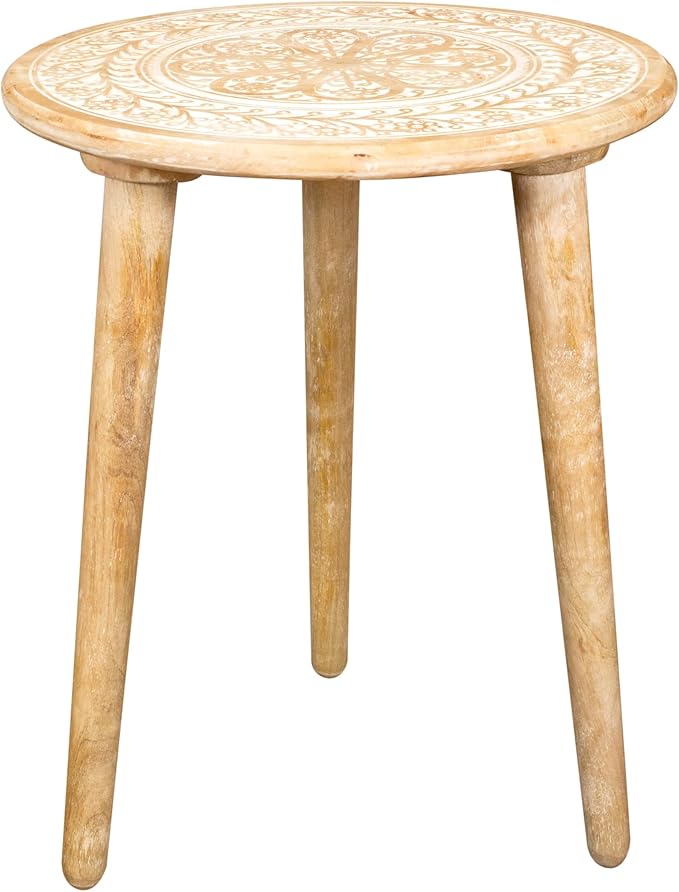 Wooden Table with 3 Legs Pillar, Carving End Tables, Round Coffee Tables, Entryway Table, Coffee Table for Livingroom, Books and Plants - 18"x22" - White Wash