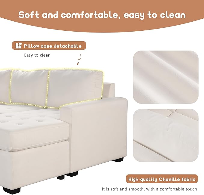 108.3 Inch Modular Sectional Sleeper Sofa with Pull-Out Bed and Lounge Chair, U-Shaped Combination Corner Couch w/USB & Type-C Interfaces, for Living Room Bedroom Office, Beige