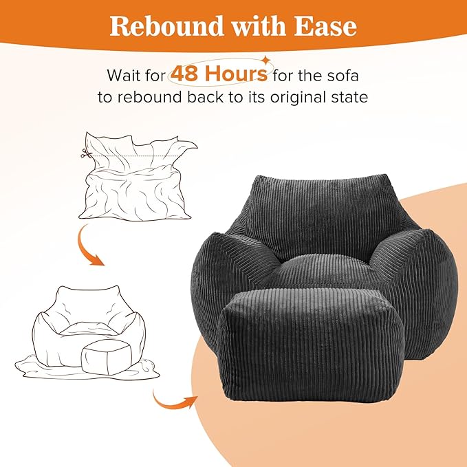 Big Bean Bag Chair for Adults & Kids, Ultra Soft Living Room Bean Bag with Armrests & Ottoman, Stuffed BeanBag Floor Sofa for Napping, Gaming, Lounging, Dark Gray